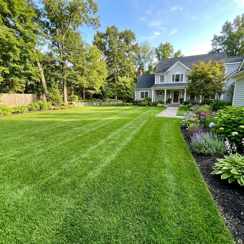 Green freshly mowed lawn with stripes leading to a white two-story house with a porch, trees, and flower beds