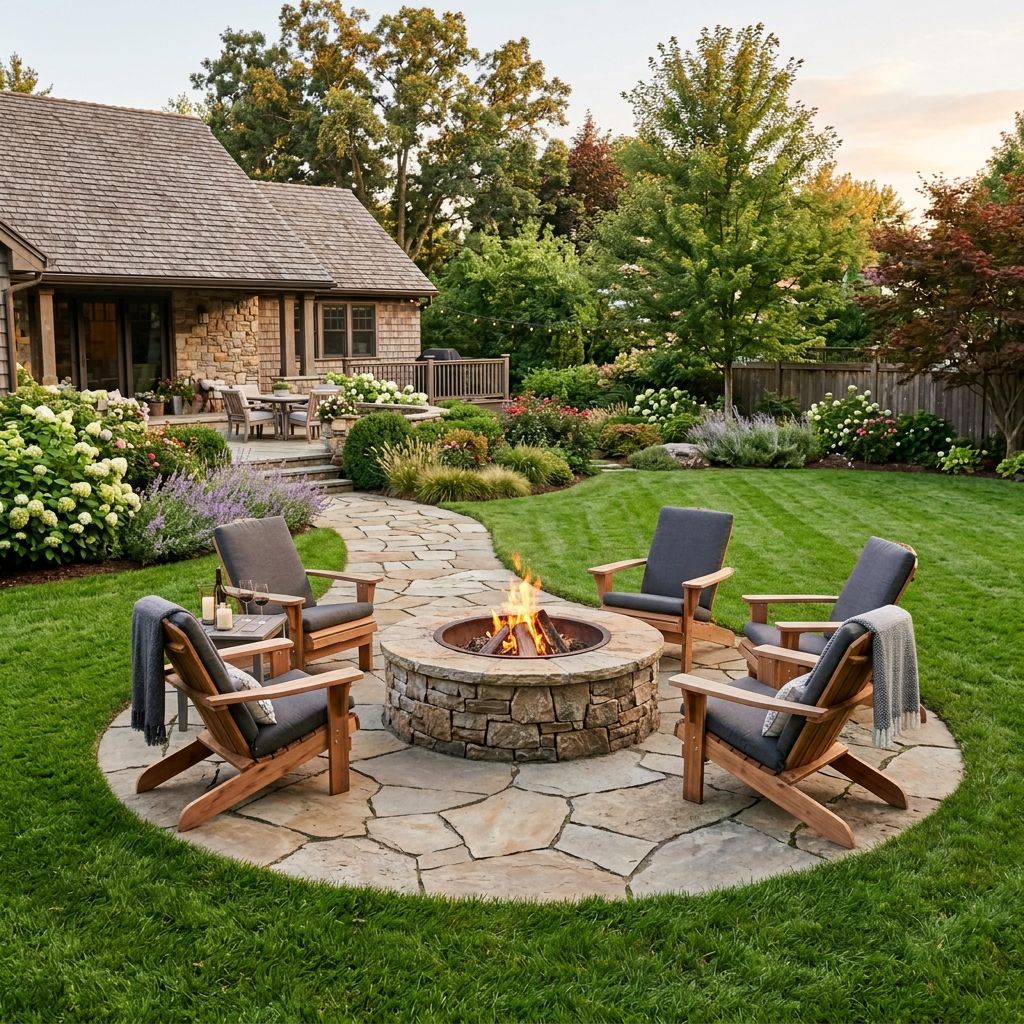 Four people sitting in wooden chairs around a fire pit in a backyard patio area